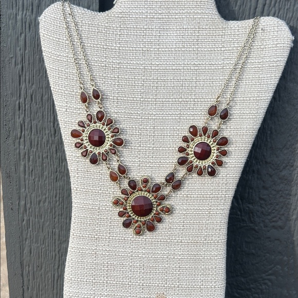 Vintage Jewelry - Vintage Gold-Tone Necklace with Deep Red & Burnt Orange Floral Drops
